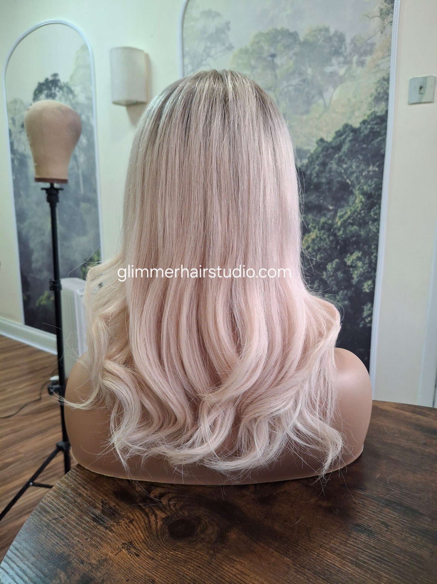 Lila human hair lace and silk wig, light blonde with shadow root, medium