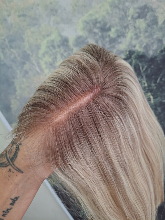 Baby Callie topper, swiss lace closure with weft, large size, full coverage, vanilla ice, 14 inches long