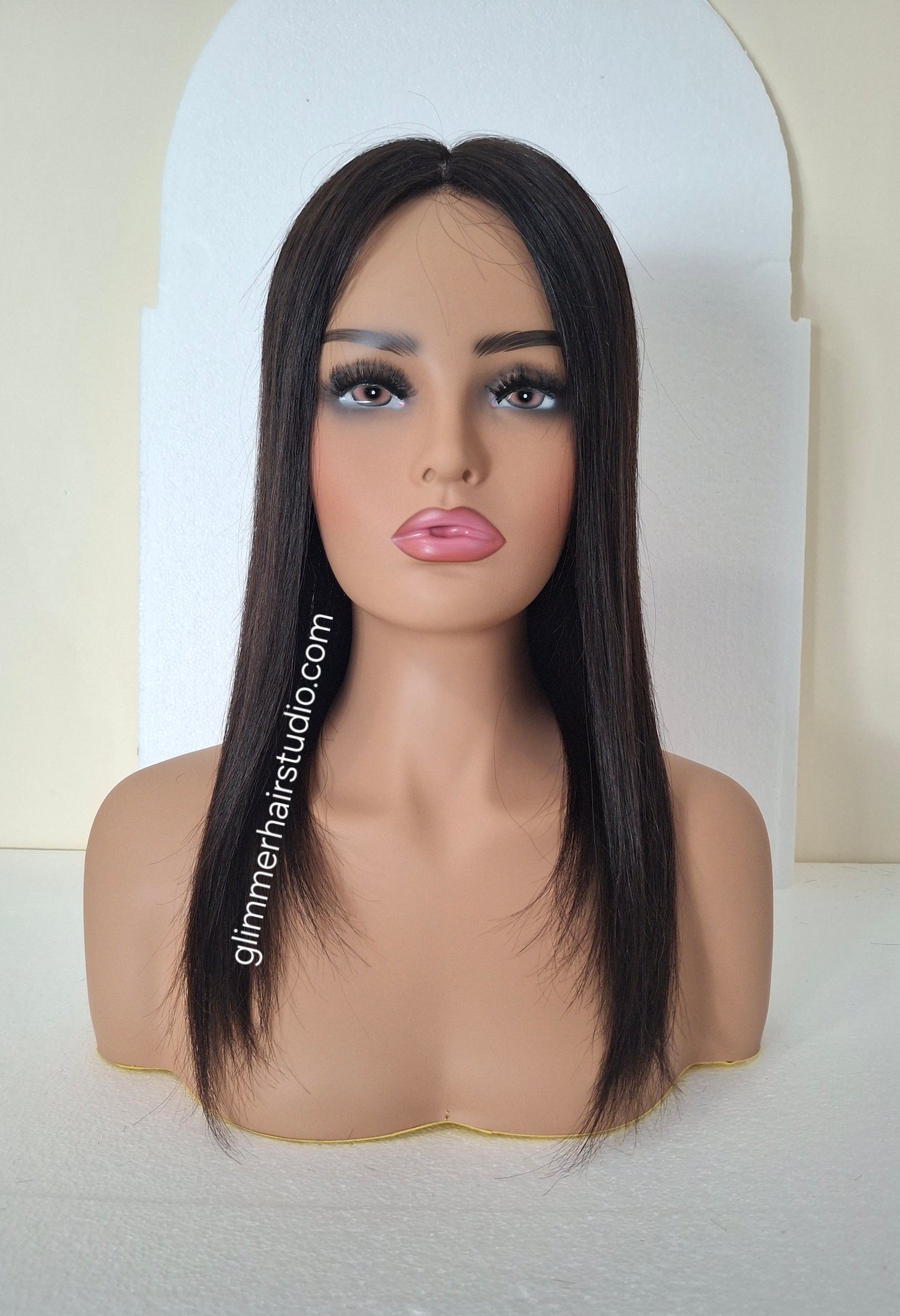 Reduced- Bella quality human hair topper, silk and weft base, lace front, 16 inches long, 1b soft black