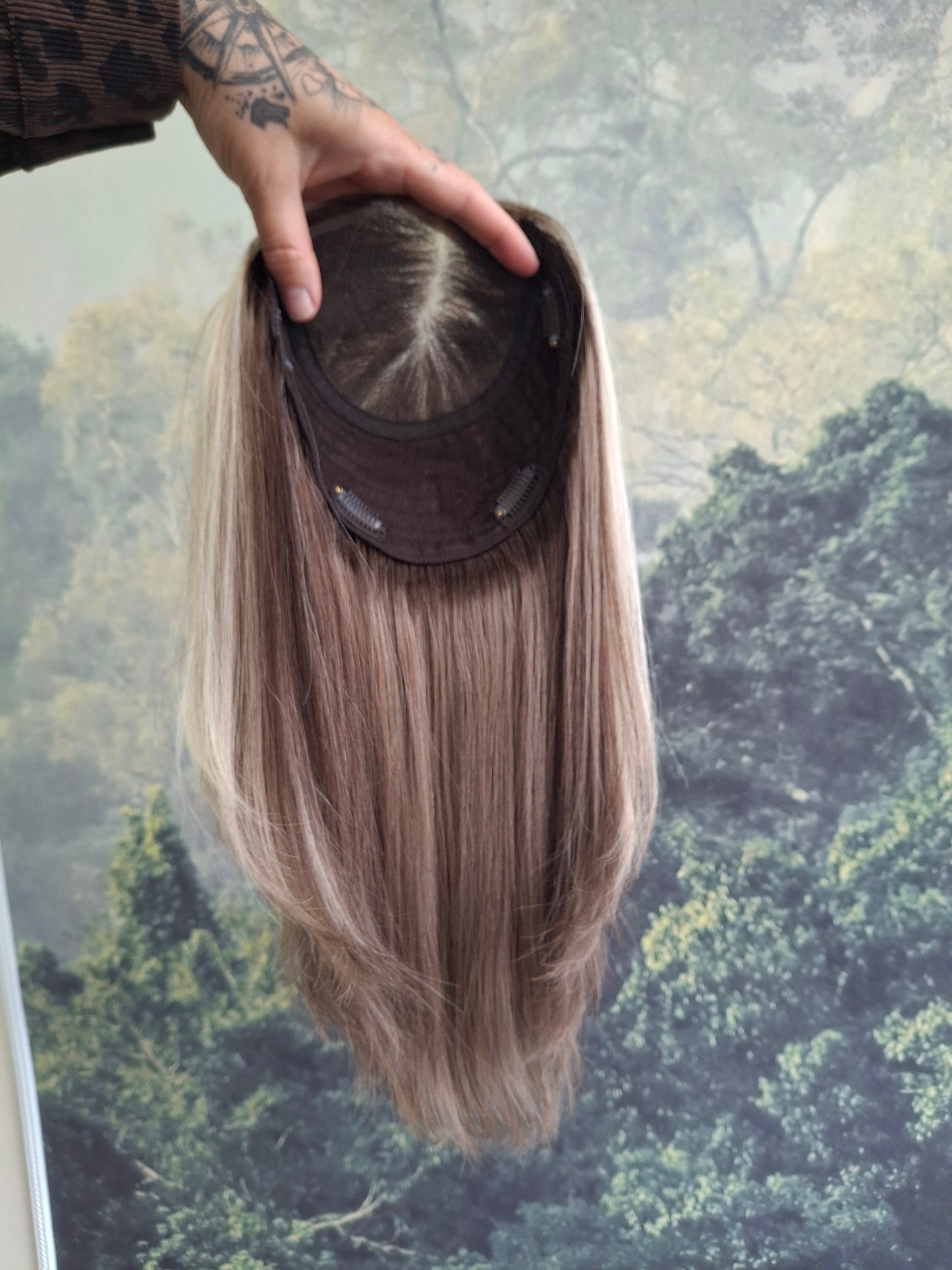 Baby Callie topper, swiss lace closure with weft, large size, full coverage, smoke and ash, 12 inches long