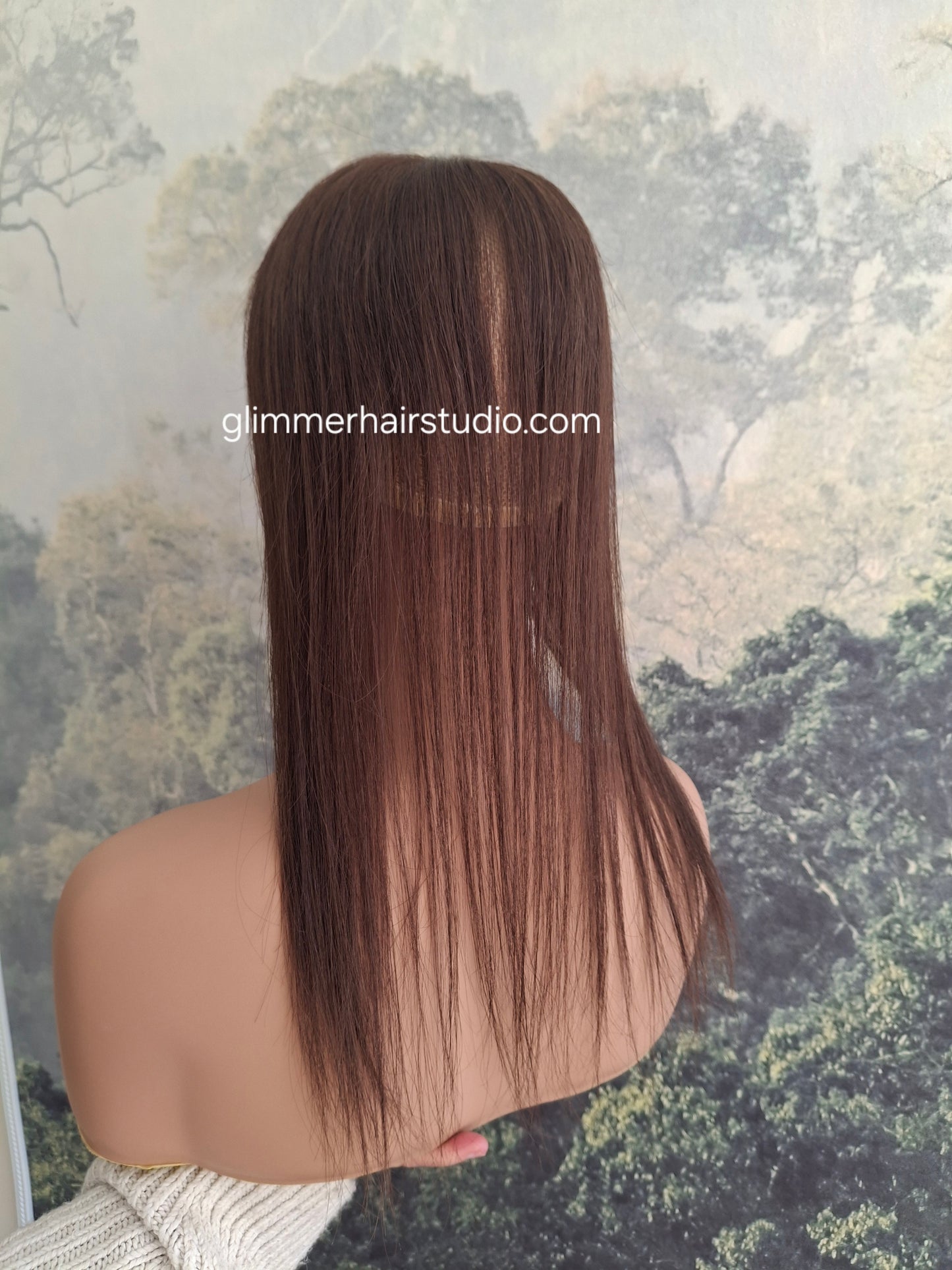 Elle topper, full silk base with scalp effect, parting coverage, Americano, 16 inches long, fringe, bangs