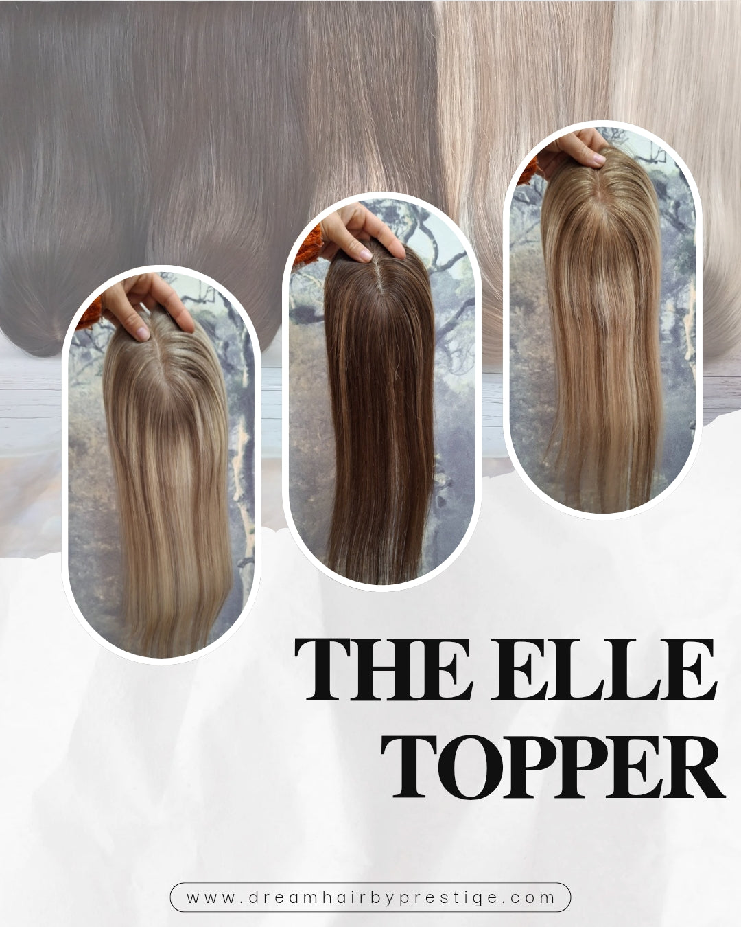 Elle topper, full silk base with scalp effect, parting coverage, frosted fairytale, 16 inches long