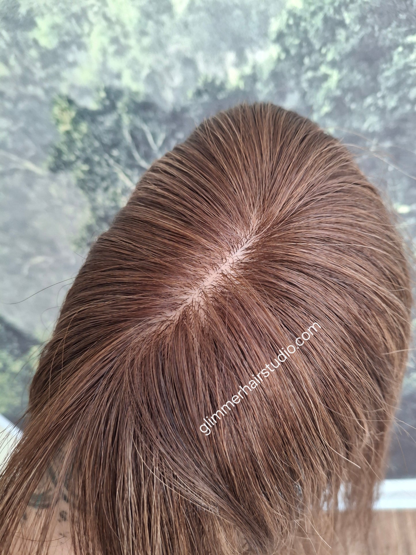Elle topper, full silk base with scalp effect, parting coverage, spiced Americano, 16 inches long, fringe, bangs