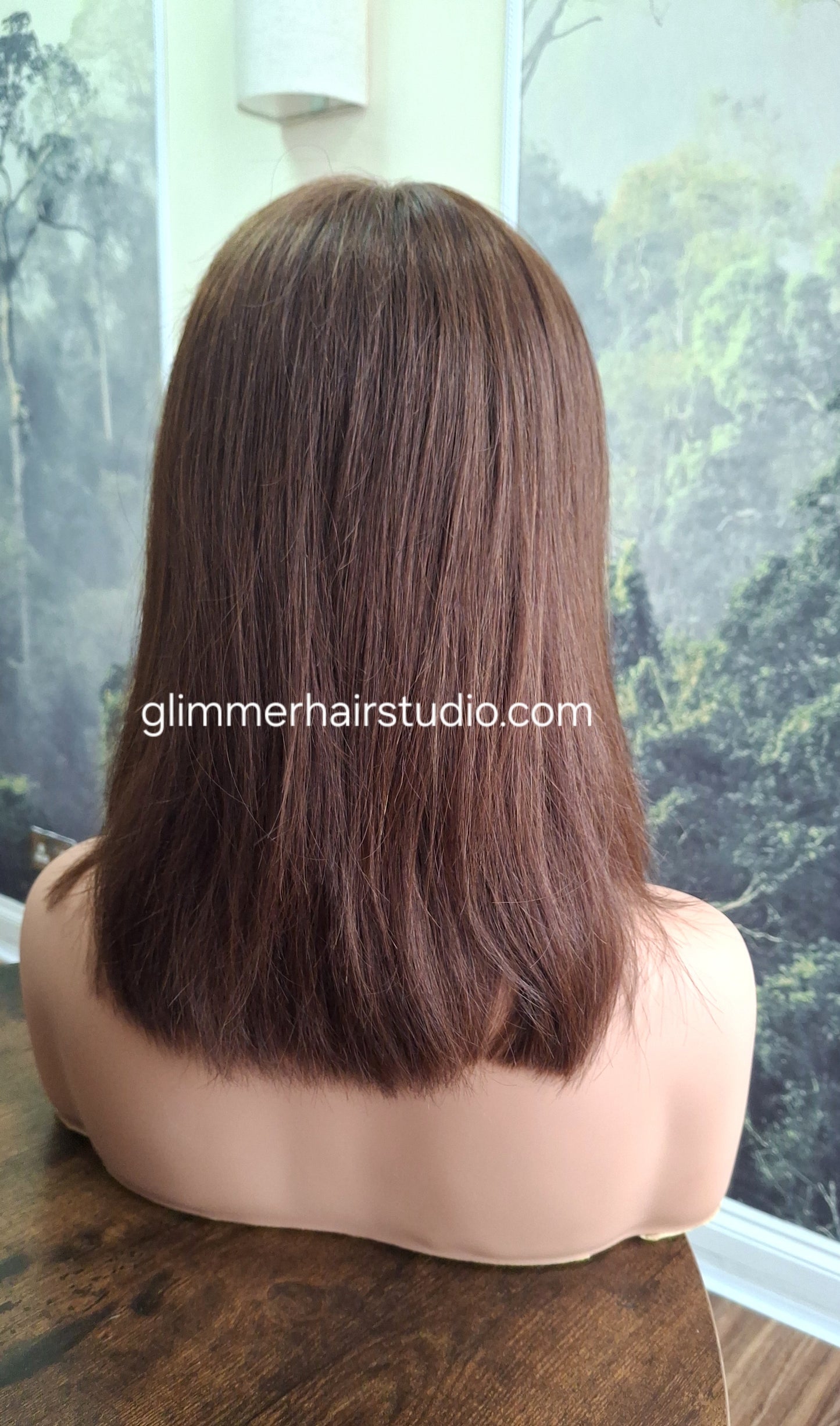 Lila human hair lace and silk wig, chocolate brown, medium