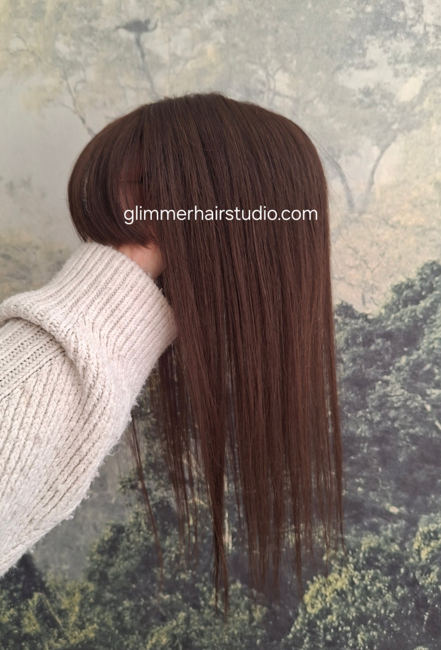 Elle topper, full silk base with scalp effect, parting coverage, Americano, 16 inches long, fringe, bangs