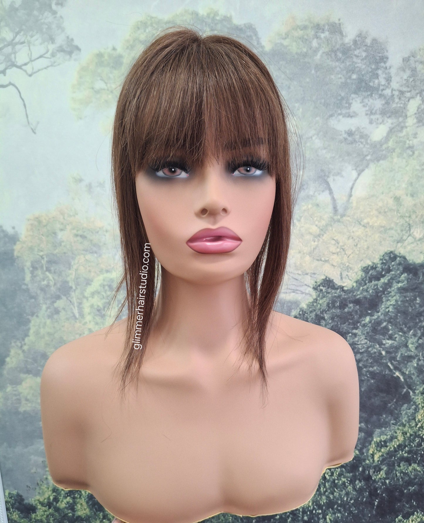 Betty lace and weft base human hair topper, small, lightweight, dark brown, fringe, bangs