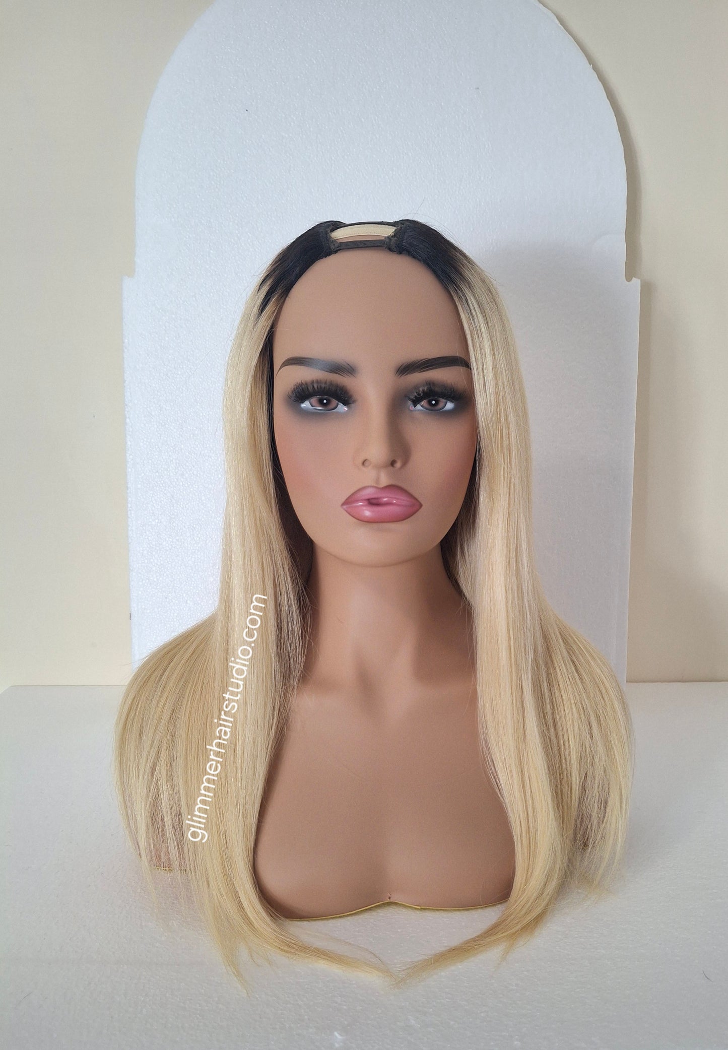Grace U part wig, 100% human hair, #613- light blonde, dark root 18  inches long
