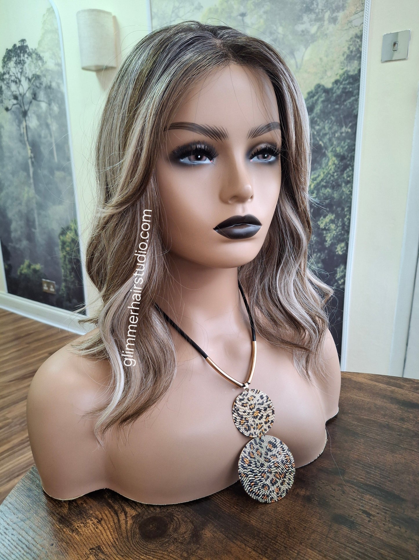 Zoe monofilament top fibre wig, wavy texture, medium adjustable cap, coffee and cream