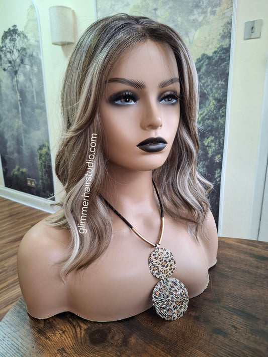 Zoe monofilament top fibre wig, wavy texture, medium adjustable cap, coffee and cream