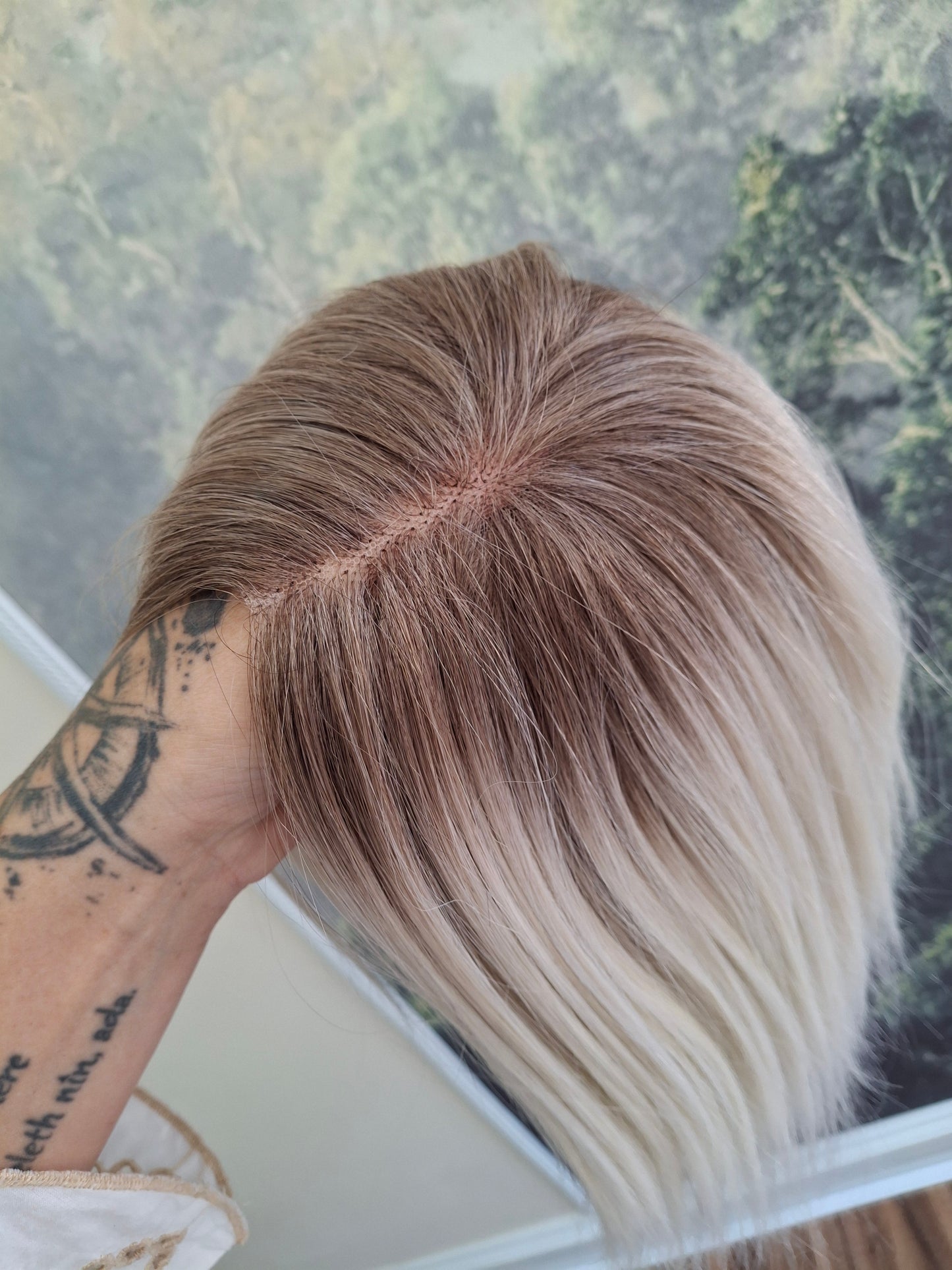 Baby Callie Fibre topper, lace closure with weft, large size, full coverage, snowflake blonde, 12 inches long
