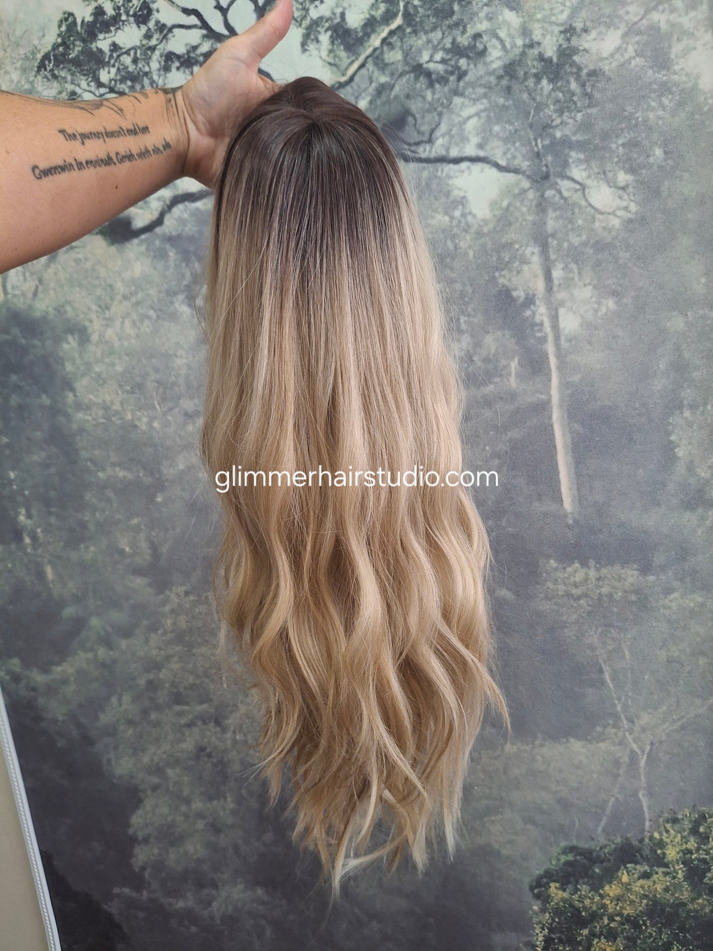 Zoe monofilament top fibre wig, beach wave texture, medium adjustable cap, honeysuckle