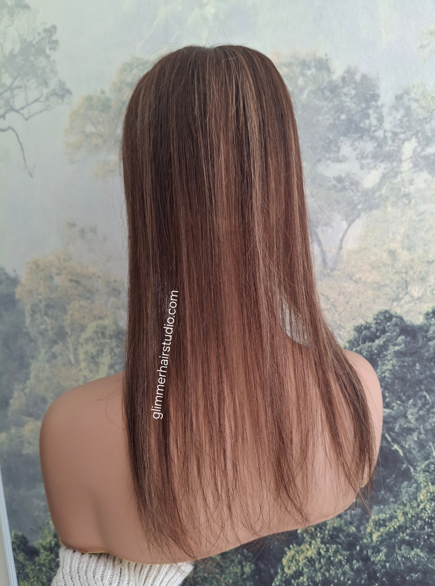 Elle topper, full silk base with scalp effect, parting coverage, spiced Americano, 16 inches long, fringe, bangs