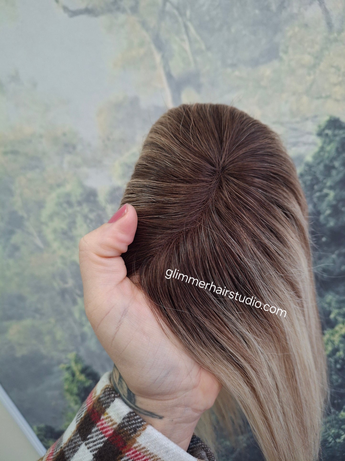 Betty lace and weft base human hair topper, small, lightweight, cookies and cream with root
