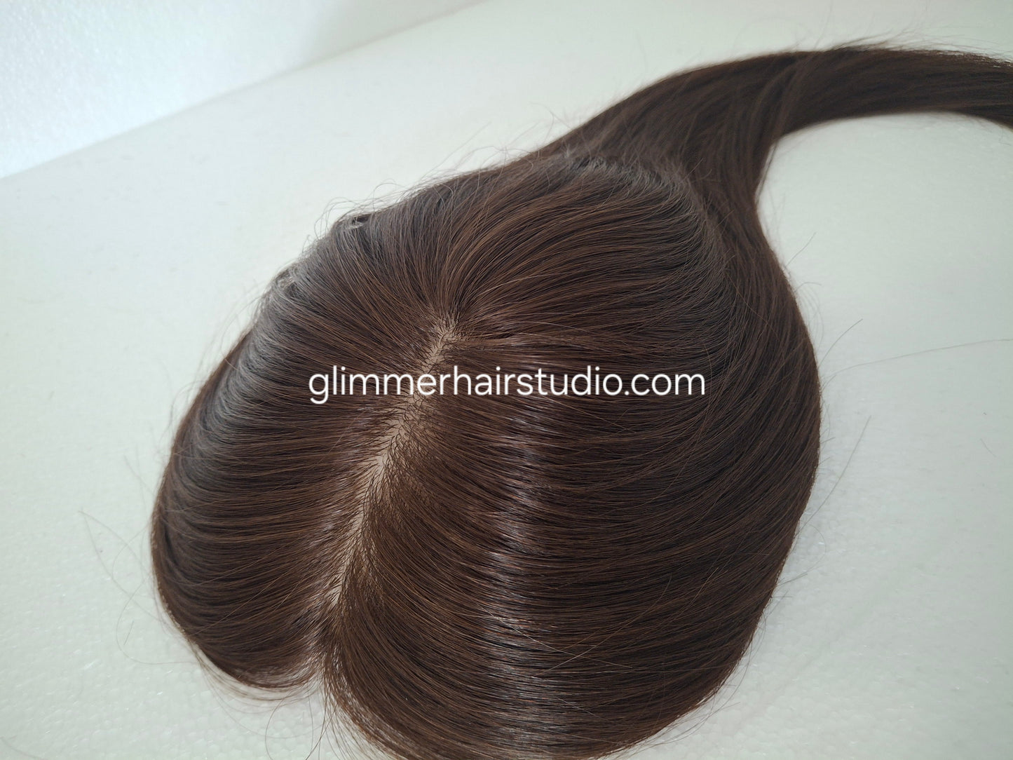 Reduced -Bella quality human hair topper, silk and weft base, lace front, 16 inches long, #4- dark chocolate