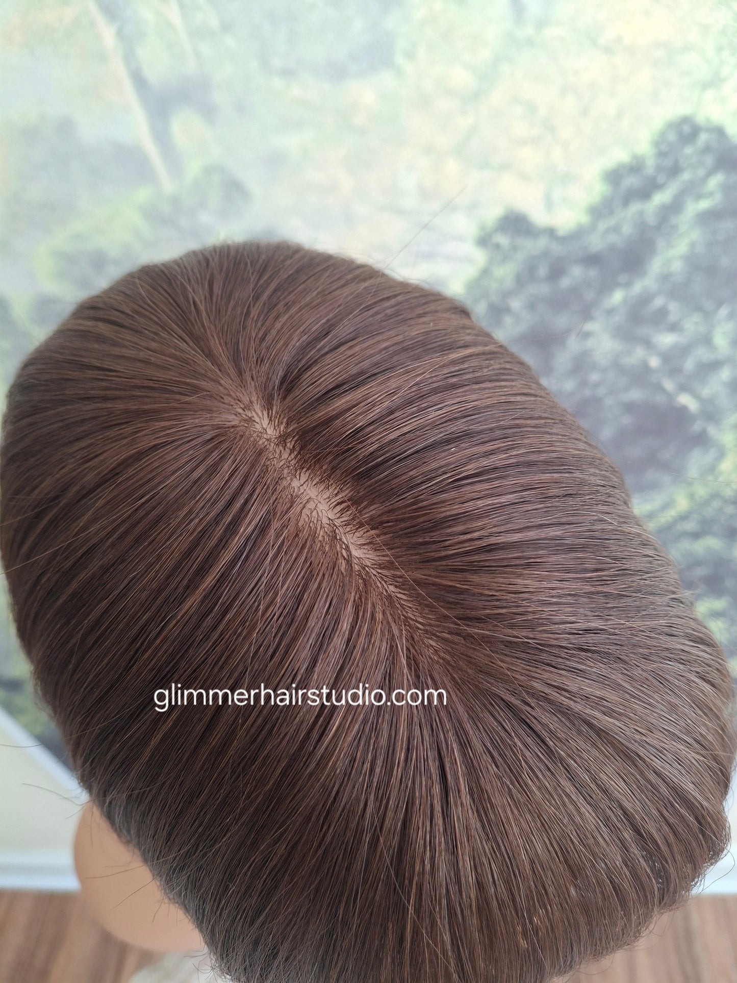 Elle topper, full silk base with scalp effect, parting coverage, Americano, 16 inches long, fringe, bangs