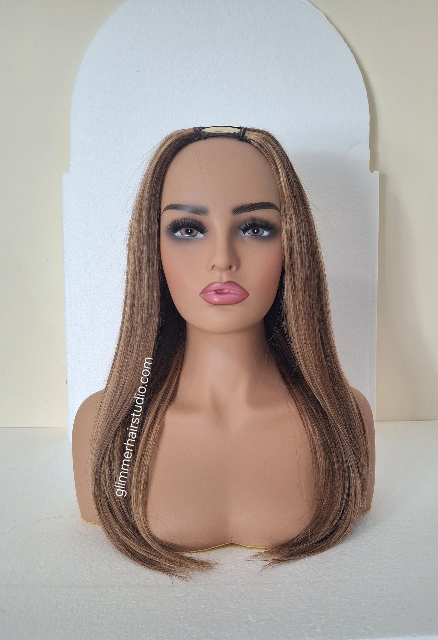 Grace U part wig, 100% human hair, #4/27- dark brown, strawberry blonde, 18  inches long