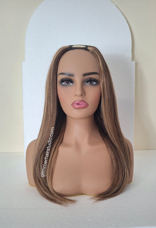 Grace U part wig, 100% human hair, #4/27- dark brown, strawberry blonde, 18  inches long