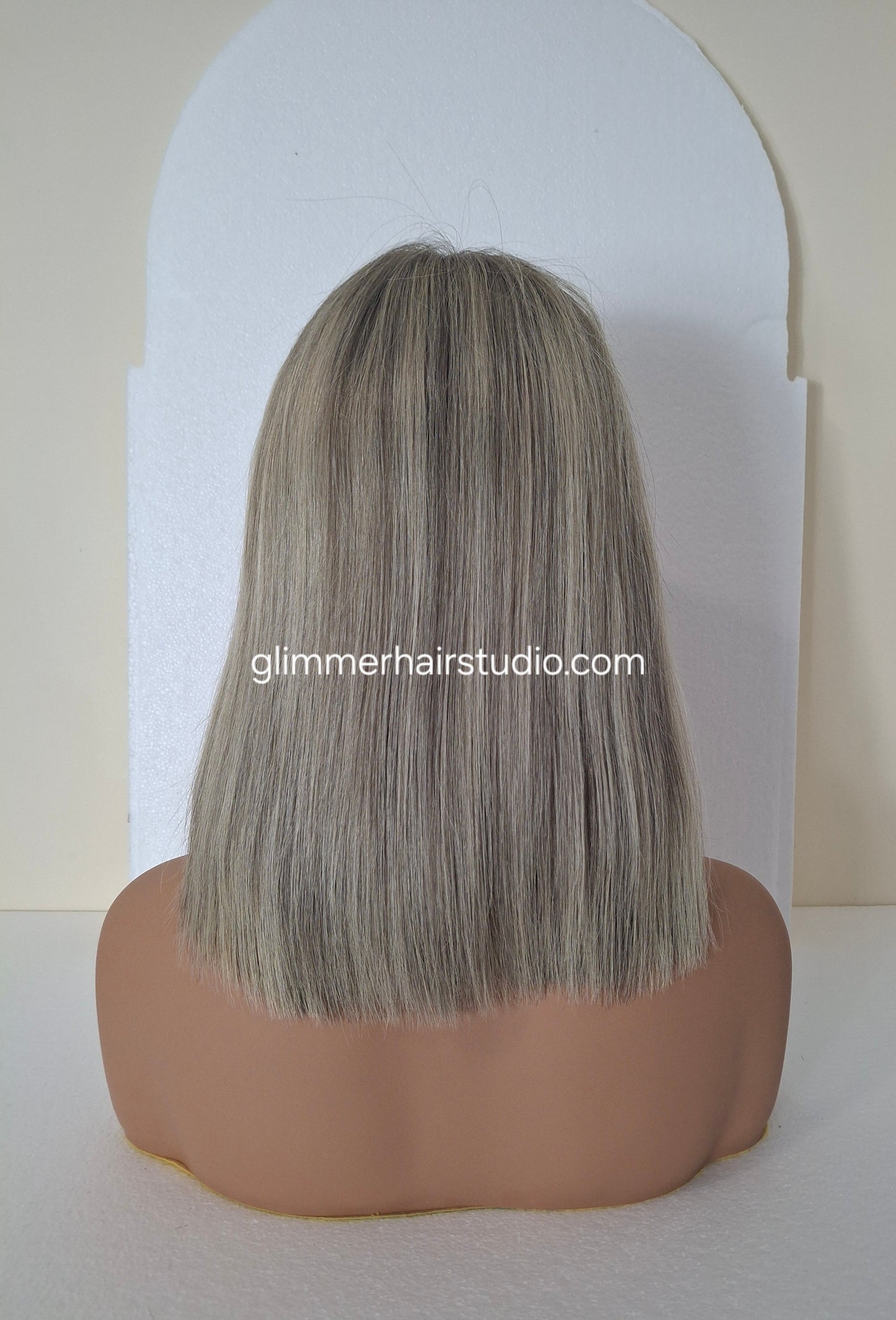 Lila human hair lace and silk wig, light blonde and ash blonde, medium