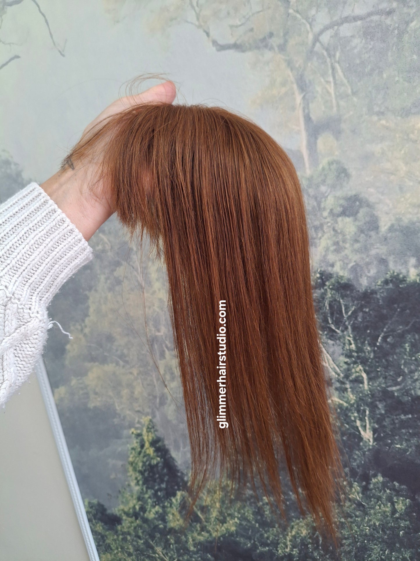 Mila quality human hair topper, full silk base, handmade, 14 inches long, #30 light auburn